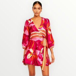 Kasia Pink Splash Retro Floral Wrap Satin Mini Dress
